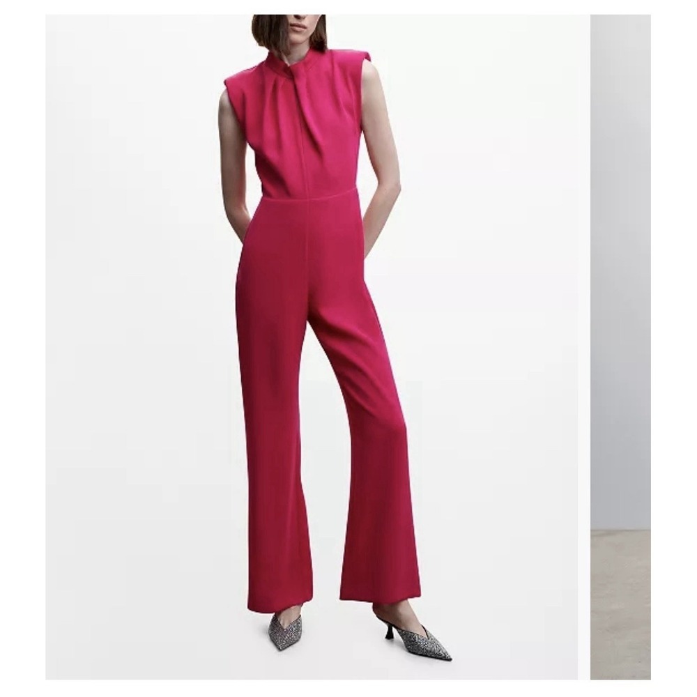 Mango Women's One-Piece Jumpsuit High Neck Line Fushsia Shoulders Pad Sz XL